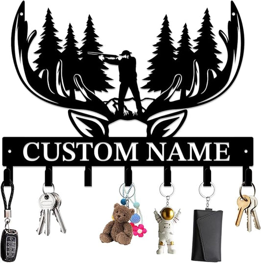 Personalized Custom Name Hunting Deer Wall Key Hooks,Metal Hunting Art Clothes Hooks,Metal Hunting Wall Home Storage Decorative,Hunter For Front Door, Hallway, Kitchen, Bedroom,Keys,Hats (Style L)