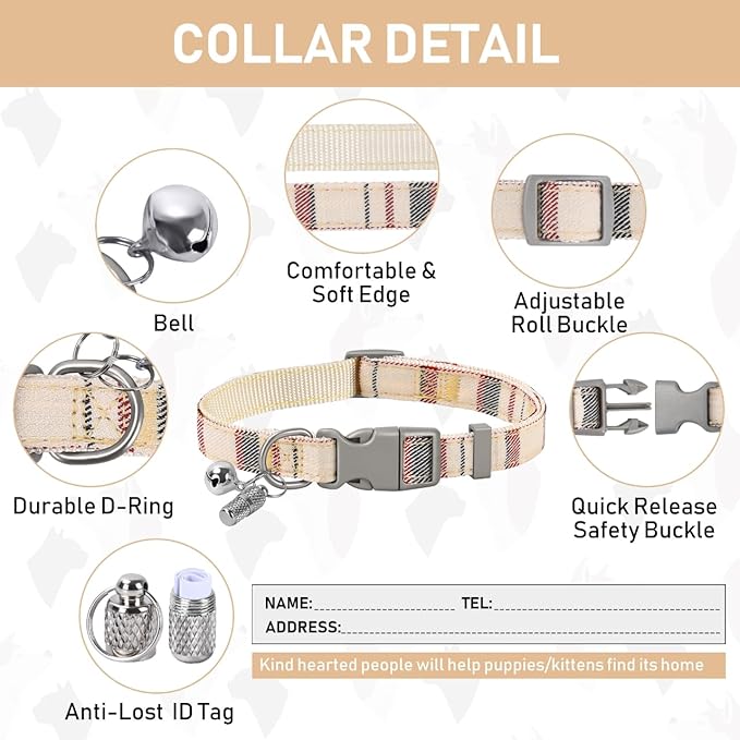 GAMUDA Small Dog Harness Collar and Leash Set, Step in No Chock No Pull Soft Mesh Adjustable Dog Vest Harnesses Plaid Reflective for Dogs Puppy Cats Kitten Rabbit (Beige, L)