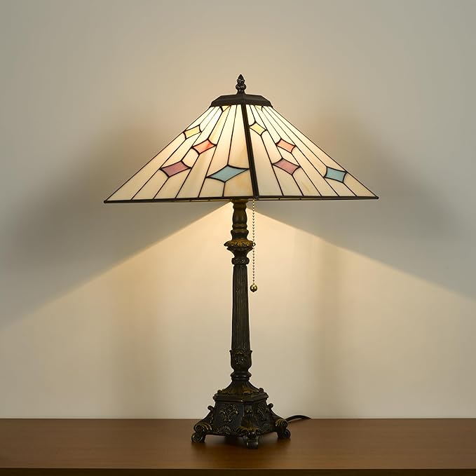 Tiffany Table Lamps White Stained Glass Stripes Checkered Style Mission Desk Lamp 12X12X24 Inch Bronze Resin Base