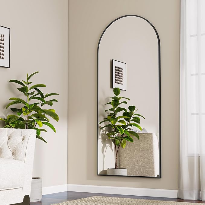 BEAUTYPEAK 65"x24" Full Length Mirror, Arch Full Body Floor Mirror, Wall Mirrors Hanging or Leaning Arched-Top with Stand for Bedroom, Living Room, Dressing Room, Black