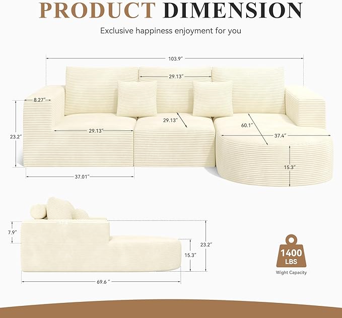 Modular Sectional Sofa with L-Shape Chaise,Cloud Sectional Modern Sleeper Couch with Deep Seat,Sponge Compression Sofas No Assembly Required(Beige-Corduroy Fabric) 1PCS