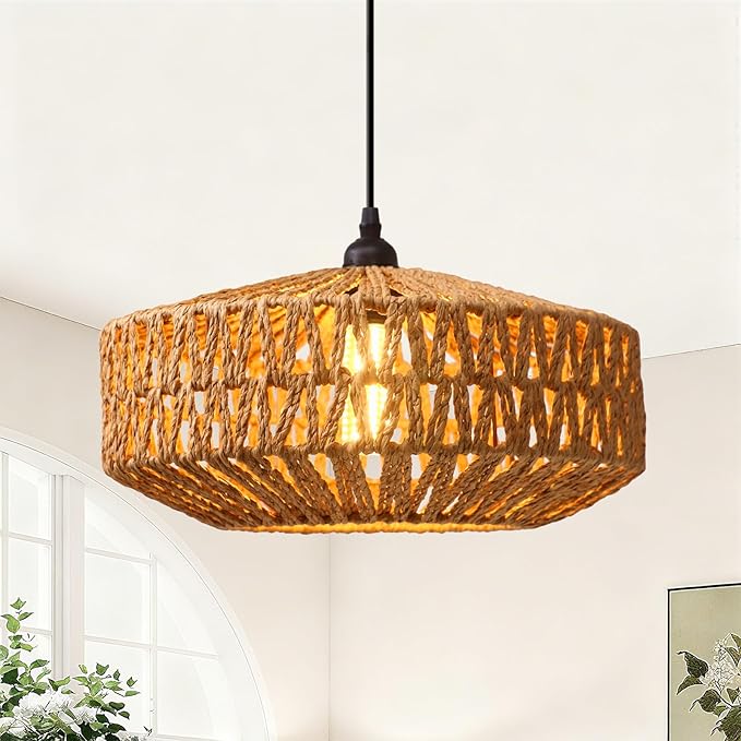 14'' Natural Rattan Chandelier Small Rattan Pendant Light -Farmhouse Boho Hanging Light with Included E27 Bulb, 120V Wicker Chandelier for Dining Room Bedroom Living Room Island