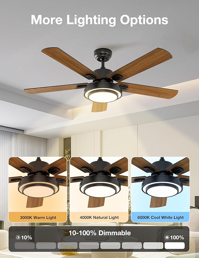 warmiplanet Indoor Ceiling Fans with Lights and Remote Control, 52 Inch, 6 Speeds Reversible DC Motor, 3 Color Dimmable Light, Timer, Noiseless, Black/Dark Walnut, 5-Blades