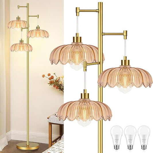 Gold Floor Lamps for Living Room 3 Lights Floor Lamp with Glass Lampshape & Three Led Bulb,Mid Century Standing Lamp Vintage Brass Tall Lamp Tree Floor Lamp for Bedroom Corner