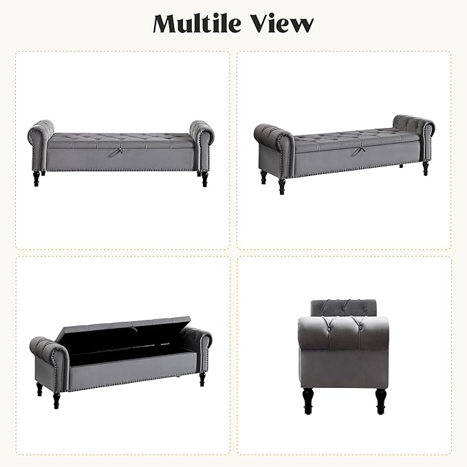 Velvet Storage Bench 67 Inch Upholstered Tufted Ottoman Bench with Rolled Arms Large Storage Space King Size End of Bed Bench for Bedroom Living Room Entryway Dark Grey