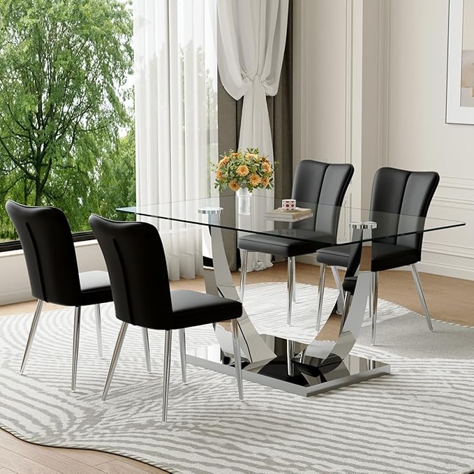 Glass Dining Table Set for 4,Dining Room Table Set for 4,Kitchen Table Set with 4 PU Leather Chairs,63'' Glass Dining Table Set with Silver U-Shaped Table Legs and Rectangular Base