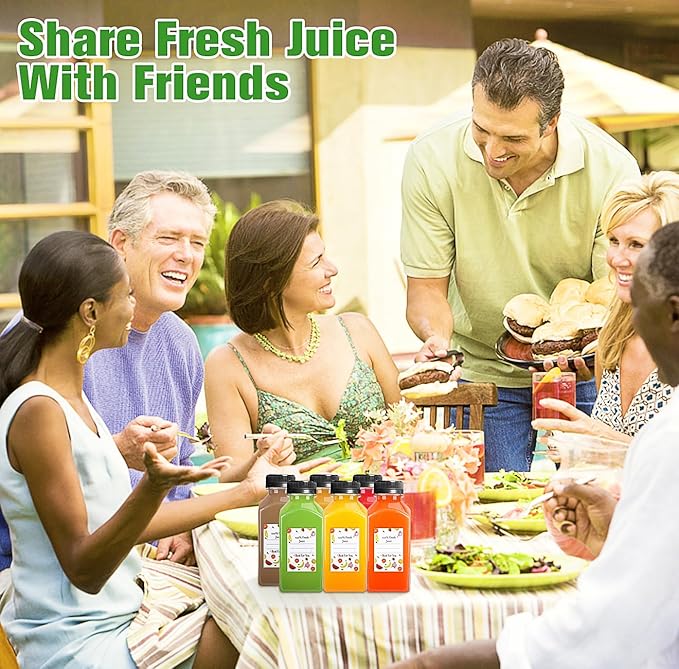 12pcs 8oz Plastic Juice Bottles, Reusable Juice Containers with Black Tamper Proof Lids, Brush, Funnel and Labels, Clear Water Bottles for Juicing, Smoothie and Homemade Beverages