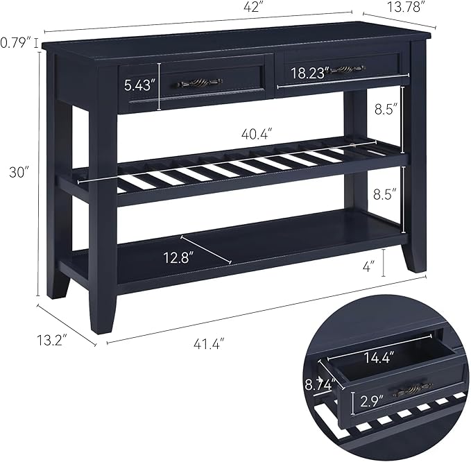 Retro Design Console Table with Two Open Shelves, Pine Solid Wood Frame and Legs for Living Room
