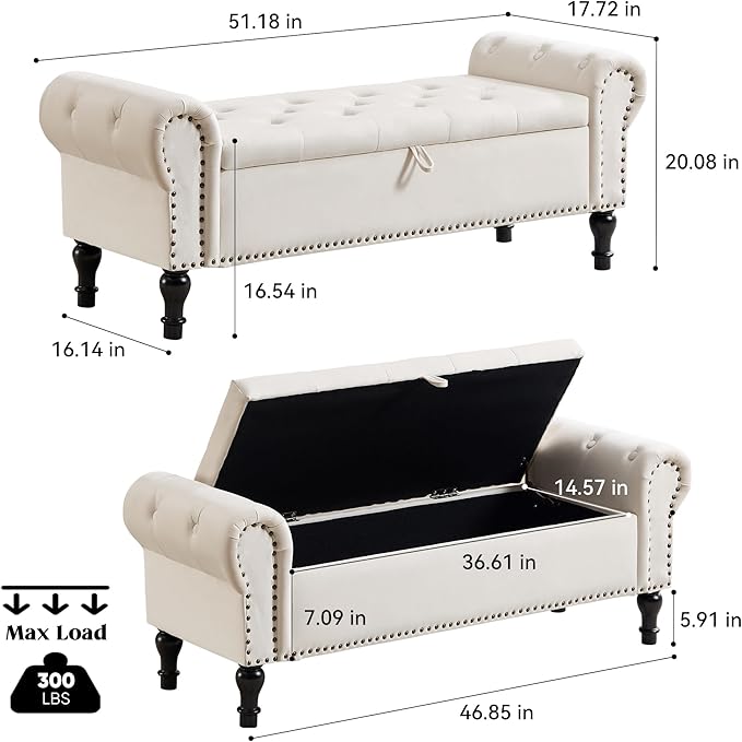Storage Bench for Bedroom, 51" Upholstered End of Bed Bench, Velvet Queen Size Benches with Rolled Arms, Tufted Button Storage Long Ottoman, Living Room, Entryway, Beige