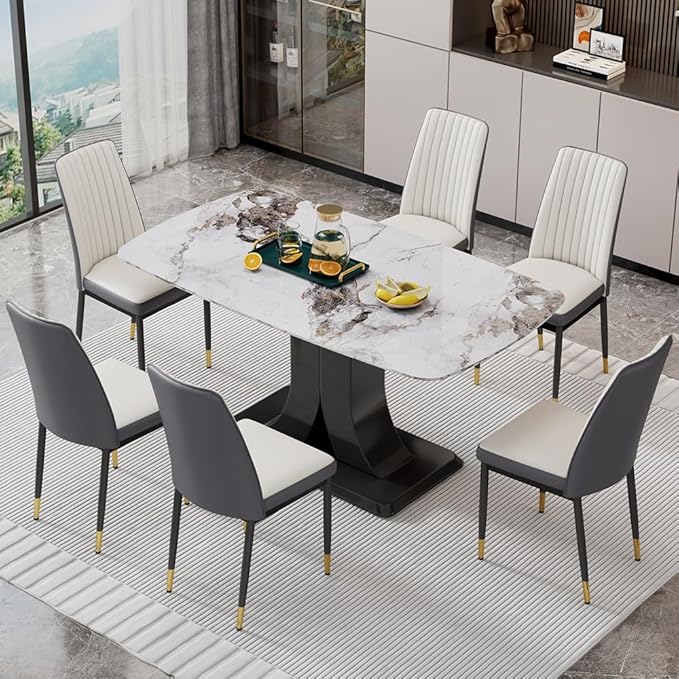Modern Dining Table Set for 6, Marble Kitchen Table Chair Set for 6, Rectangular Kitchen Table with 6 Pu Leather Upholstered Chair for Dining Room