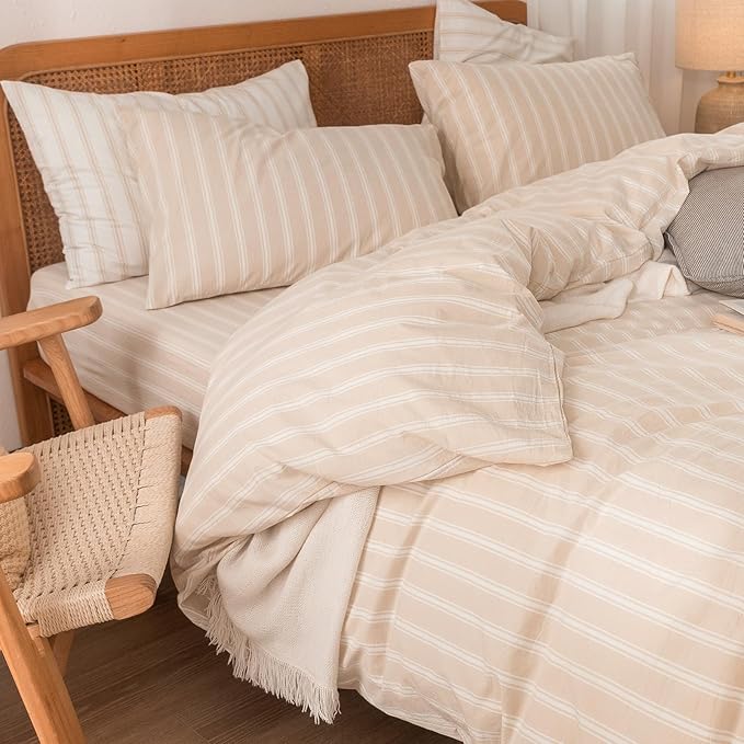 BESTOUCH Duvet Cover Set 100% Washed Cotton Linen Feel Super Soft Comfortable Chic Lightweight 3 PCs Home Bedding Set Almond Grey & White Stripes King