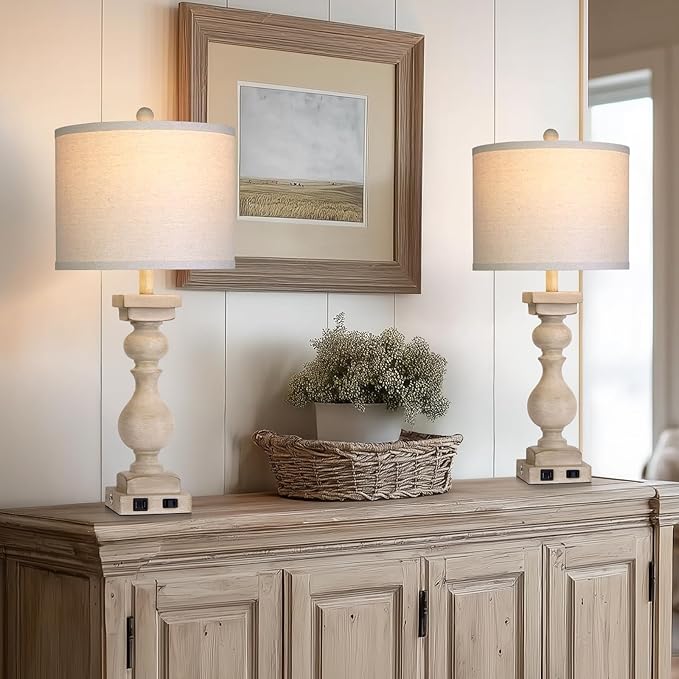 28" Tall Farmhouse Table Lamps Set of 2 with USB C+A Ports and AC Outlet, 3 Way Touch Tall Rustic Bedside Lamps for Living Room, Beige Vintage Lamps for Bedroom