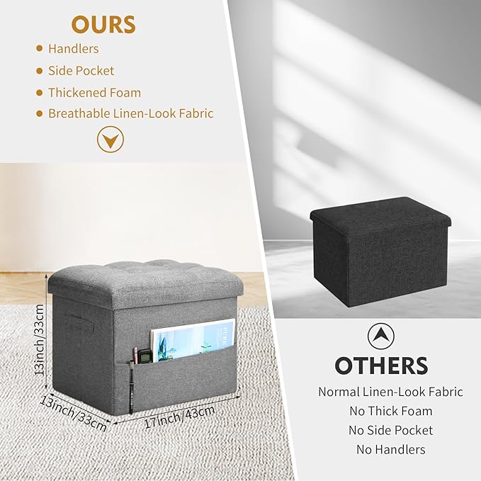 Storage Ottoman Foot Rest, Folding Linen Foot Stool with Thicker Foam Padded Seat. Small Ottoman with Storage Bench for Bedroom Living Room, Holds Up to 300 lbs, 17x13x13IN (Light Gray)