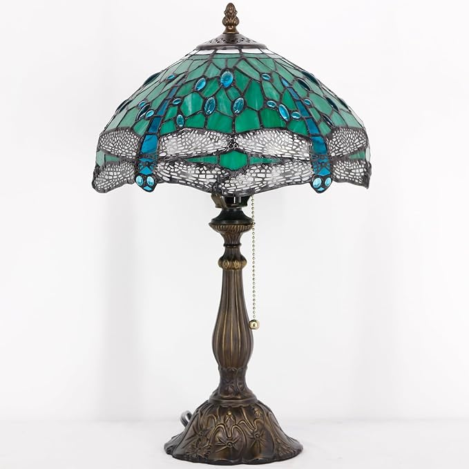 Tiffany Table Lamp Stained Glass Lamp 12X12X19 Inch Antique Reading Light (Green Dragonfly)