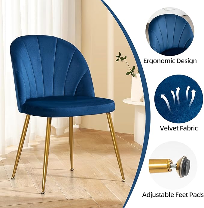Velvet Dining Chairs Set of 2, Upholstered Mid Century Modern Dining Chairs, Armless Accent Chair with Metal Gold Legs for Living Room, Kitchen, Dining Room, Blue