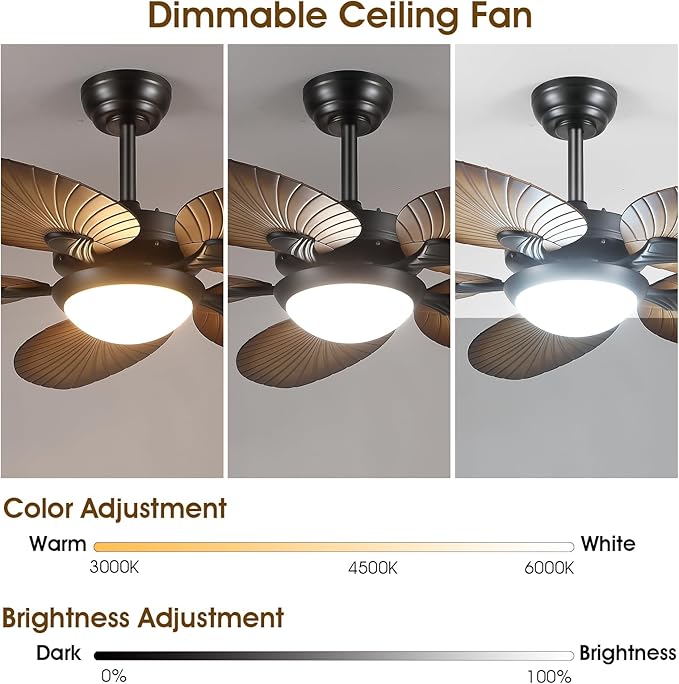 Tropical Ceiling Fans with Lights and Remote/APP Control, 44 Inch Palm Leaf Ceiling Fan with LED Lights, Outdoor Ceiling Fans for Patios Porch, Reversible Quiet Motor, Dimmable, Wood Grain