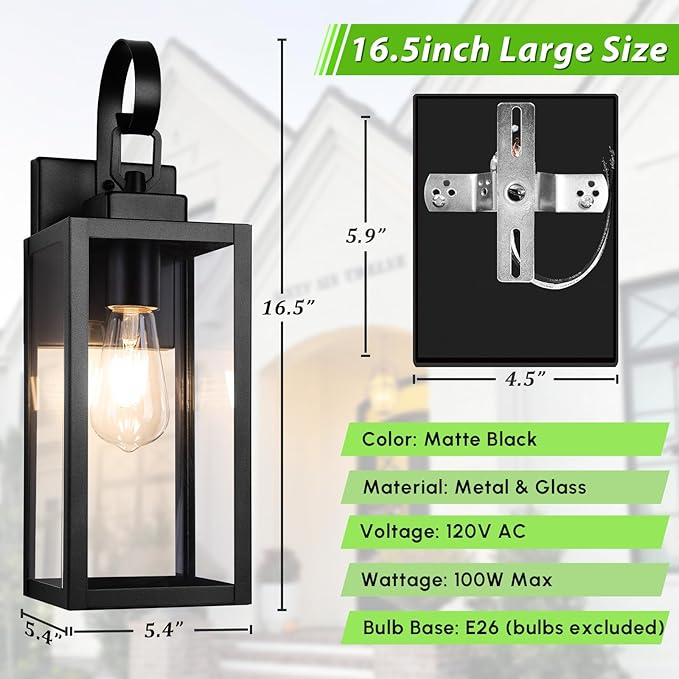 BesLowe 16.5“ Outdoor Wall Light Fixture, Exterior Lighting Fixture Wall Mount, Waterproof Porch Light Outdoor Wall Sconce Lantern, Outside Light for House Front Door Garage, Black