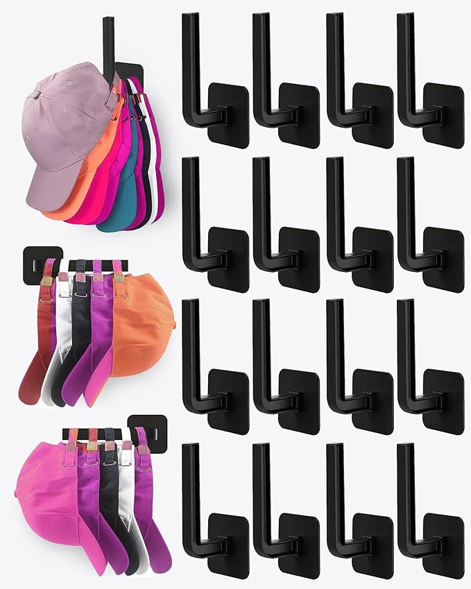 Hat Rack for Hat Storage (16-Pack), Multi-Purpose Hat Organizer, Strong Adhesive Hat Hooks for Wall Hat Organizer for Baseball Caps, Two Mounting Options Hat Hook, Black
