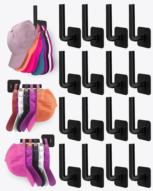 Hat Rack for Hat Storage (16-Pack), Multi-Purpose Hat Organizer, Strong Adhesive Hat Hooks for Wall Hat Organizer for Baseball Caps, Two Mounting Options Hat Hook, Black