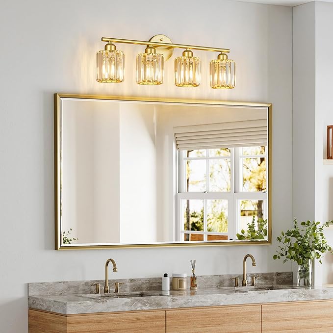 Modern 4 Light Crystal Vanity Light, Gold Vertical Bathroom Light Fixture Over Mirror for Dressing Table Sink, Compatible with Dimmable Bulbs (Bulbs Not Included)
