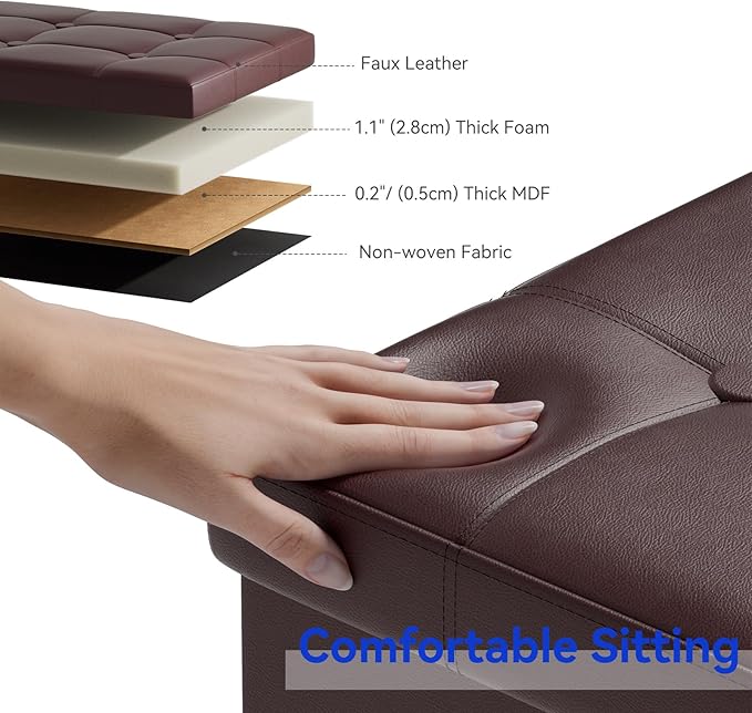 BRIAN & DANY 30 Inches Storage Ottoman Bench, Faux Leather Ottoman with Storage, Folding Bench Shoe, Foot Rest Stool, for Living Room, Brown