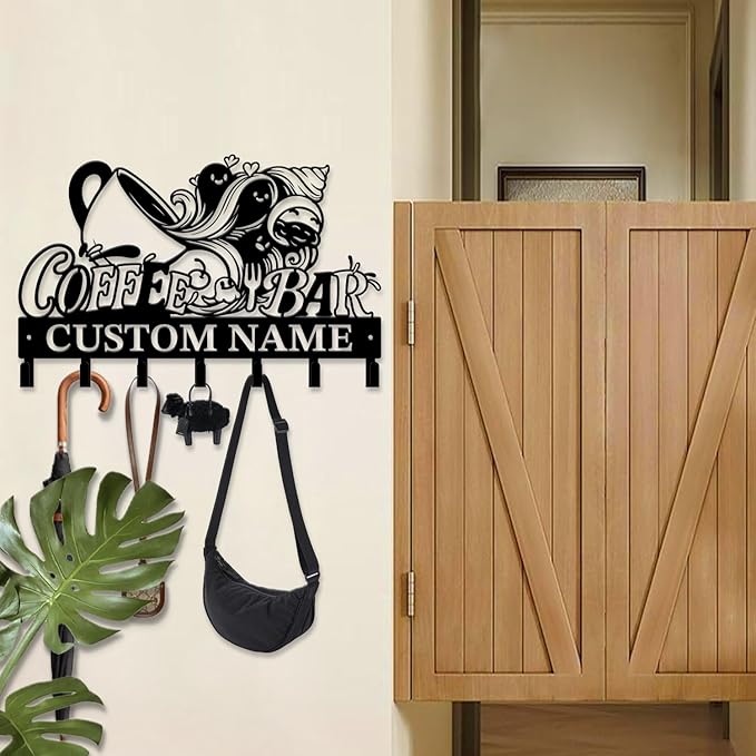 Coffee Bar Keys Holder - Metal Iron Wall Hooks with Custom Name | Personalized Home Decor & Gift Idea | Coffee-Themed Text Engraving Design (Style D)