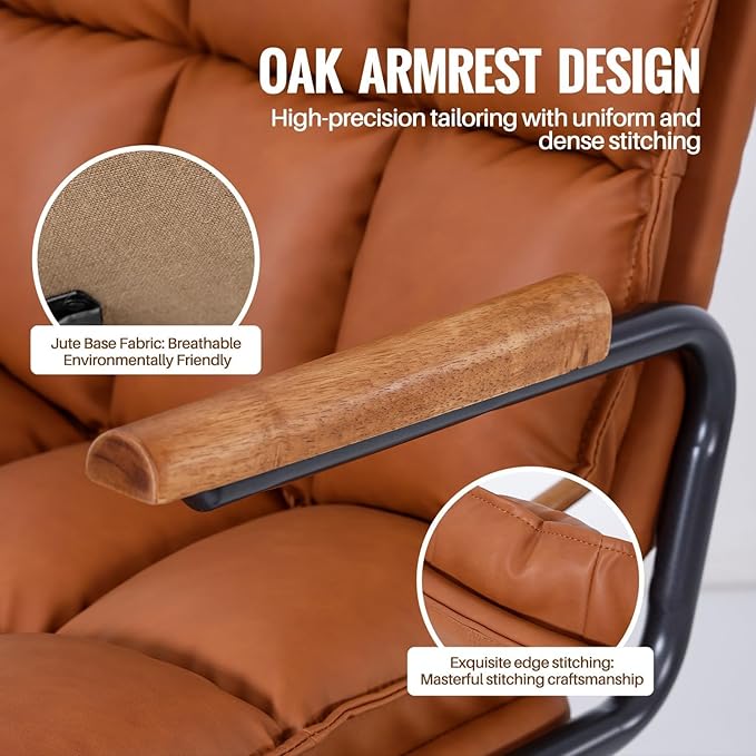 Home Office Desk Chair, Ergonomic Computer Chair with Wheels and Oak Arms, Adjustable Height Rolling Swivel Executive Task Armrests Chair, Rust Brown