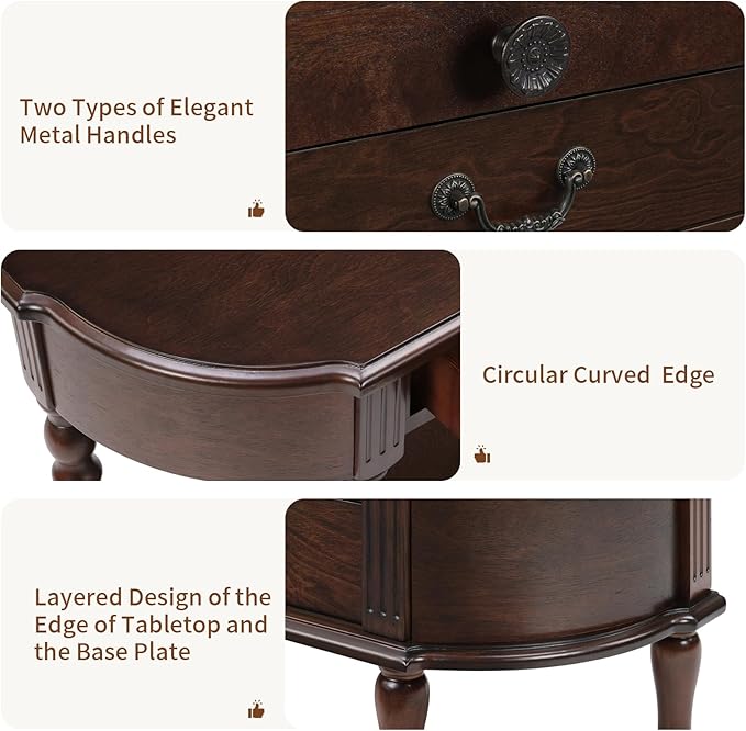 HMFULE Solid Wood Retro Curved Console Table, 43" Half Moon Console Table Sofa Table Entryway Table with 3 Drawers Open Shelf Pine Roman Legs Curved Corners for Living Room,Entryway,Hallway,Espresso