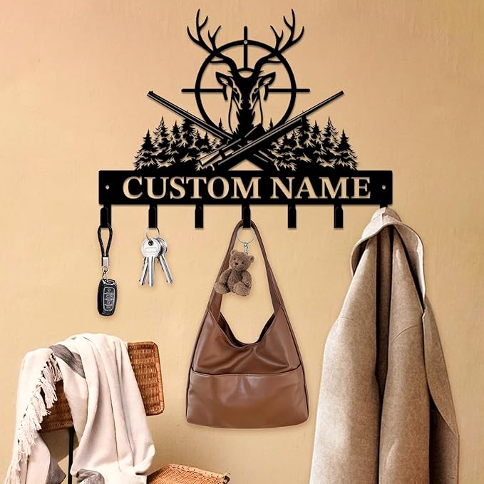 Personalized Custom Name Hunting Deer Wall Key Hooks,Metal Hunting Art Clothes Hooks,Metal Hunting Wall Home Storage Decorative,Hunter For Front Door, Hallway, Kitchen, Bedroom,Keys,Hats (Style H)