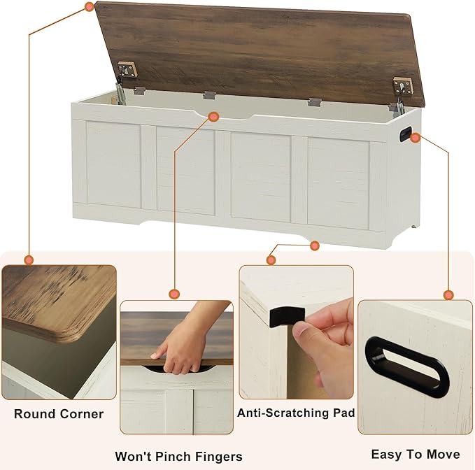 47.2" Storage Chest, Extra Large Storage Trunk with 2 Safety Hinges, Wooden Storage Bench, Shoe Bench, Entryway Bench for Living Room, Bedroom, Brown and Rustic White
