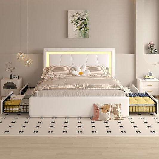 King Bed Frame with 4 Storage Drawers and Adjustable Headboard, Upholstered Platform Bed with LED Lights and USB Ports, Solid Wooden Slats Support, No Box Spring Needed, Easy Assembly, White