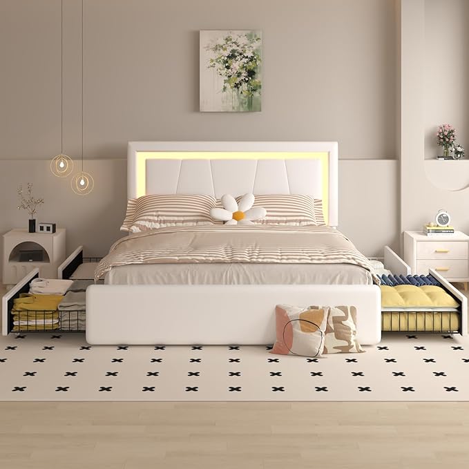 Full Bed Frame with 4 Storage Drawers and Adjustable Headboard, Upholstered Platform Bed with LED Lights and USB Ports, Solid Wooden Slats Support, Faux Leather, Easy Assembly, Beige