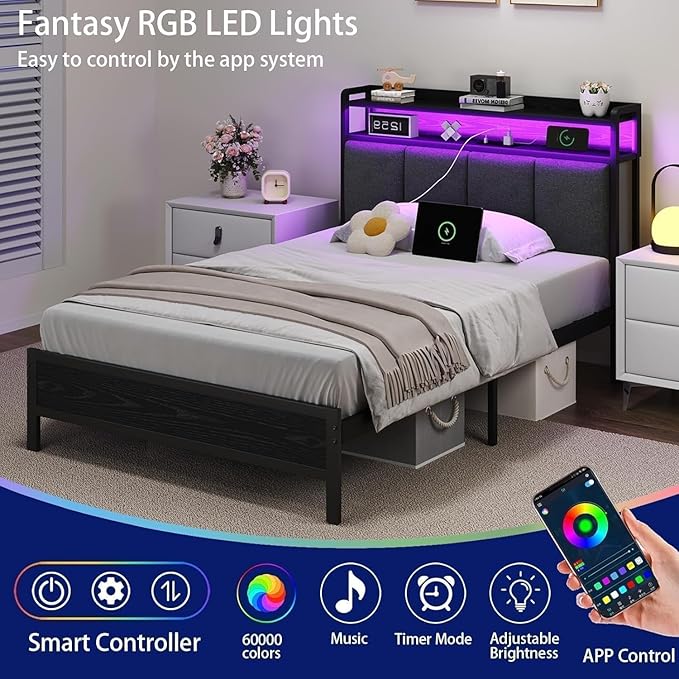 Twin Bed Frame with LED Lights and Charging Station, Metal Platform Bed Frame Twin with Upholstered Storage Headboard, Heavy Duty Metal Slats, No Box Spring Needed, Easy Assembly, Dark Grey