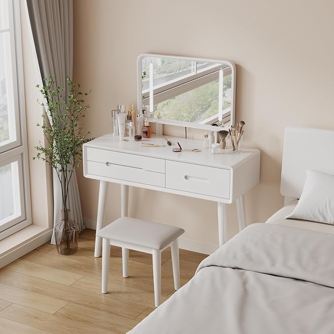 Solid Wood Vanity Desk with Mirror and Lights,Adjustable Height and Brightness, Makeup Vanity with 3 Drawers,Semi-Assembled,Dressing Table for Bedroom (White)