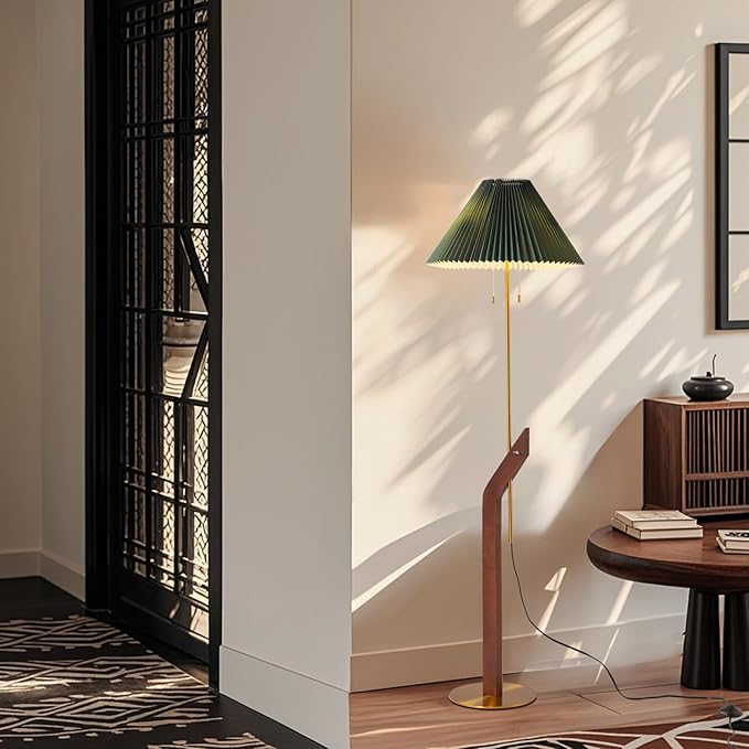 Floor Lamps for Living Room,Mid Century Modern Wood Floor Lamp,Height Adjustable Study Room,Bedroom,Office Vintage Tall Standing Glod Floor Lamp,Green Pleated Lampshade