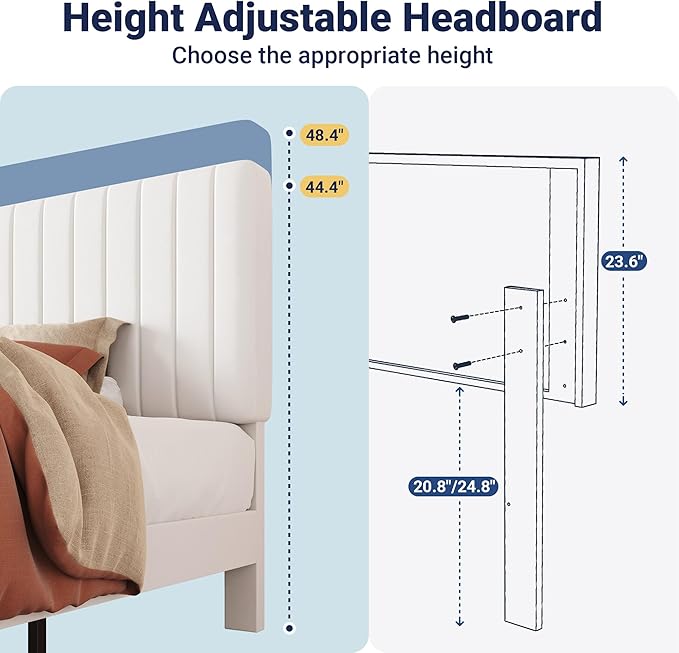 Allewie Twin Bed Frame, Velvet Upholstered Platform Bed with Adjustable Vertical Channel Tufted Headboard, Mattress Foundation with Strong Wooden Slats, Box Spring Optional, Easy Assembly, Off-White