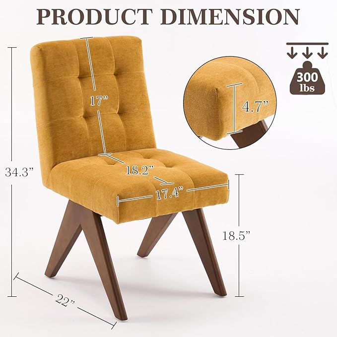 Rowill Modern Upholstered Dining Chairs Parsons Chair Linen Fabric Kitchen Chairs Tufted Armless Dining Room Chairs with Wood Legs Set of 2, Yellow