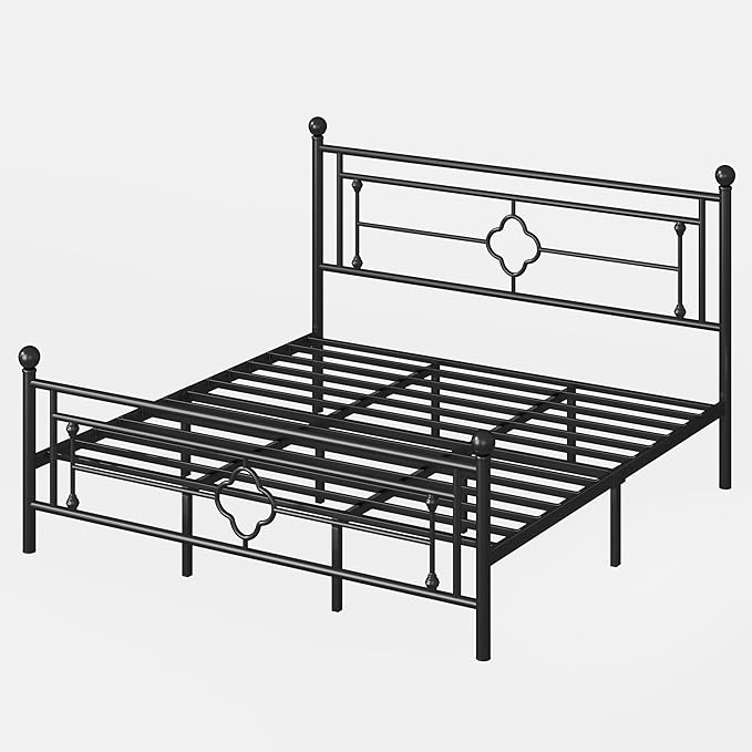 SHA CERLIN 14 Inches King Size Metal Platform Bed Frame/Vintage Iron-Art Headboard and Footboard/Mattress Foundation for Storage/No Box Spring Needed/Noise-Free/Easy Assembly/Black