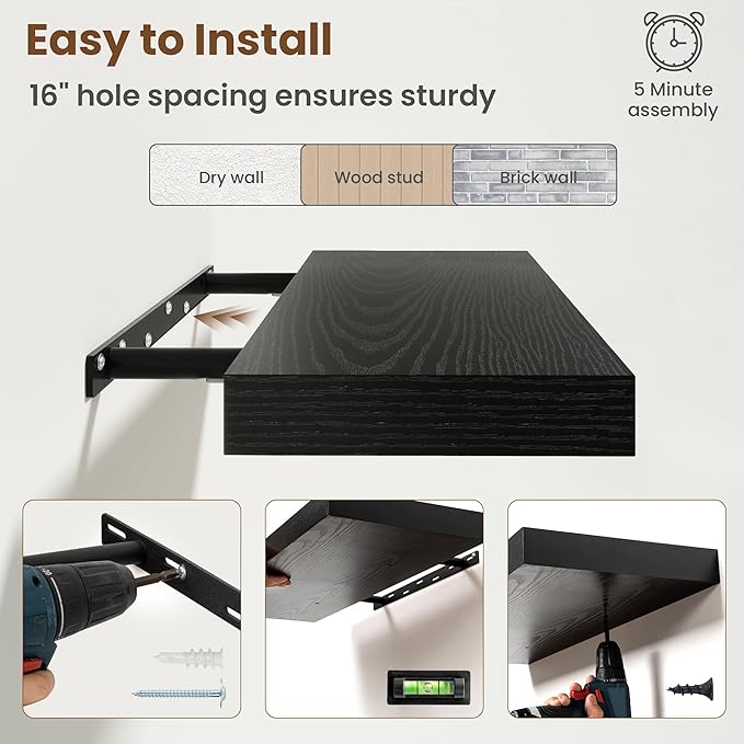 20 Inch Floating Shelves for Wall, 8 Inch Deep Floating Shelf for Storage & Display, Rustic Wall Mounted Shelf with Invisible Brackets for Living Room, Kitchen, Bathroom, Home Decor, Set of 2, Black