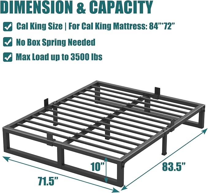 10 inch California King Size Bed Frame Low Profile Metal Platform Frames with Mattress Slide Stopper,Heavy Steel Slats Support,No Box Spring Needed,Noise Free,Non-Slip,Easy Assembly