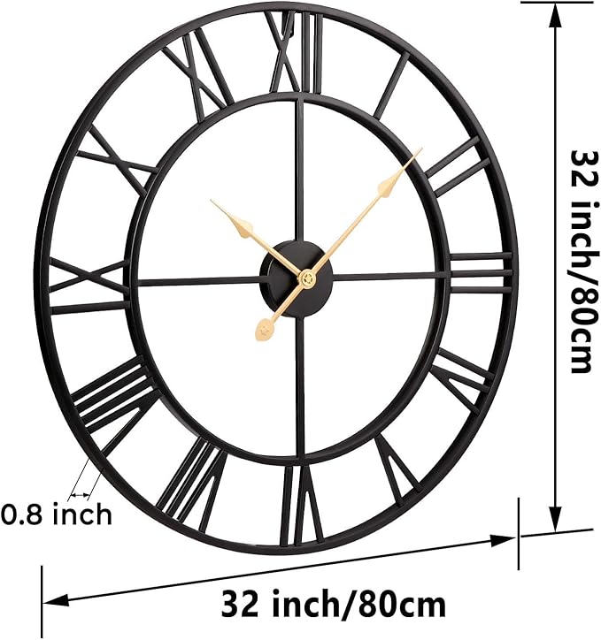 Vantic 32 Inch Large Wall Clock, Roman Numeral Metal Oversized Wall Clocks for Living Room Decor, Bedroom and Kitchen, Completely Silent, Non Ticking, Battery Operated