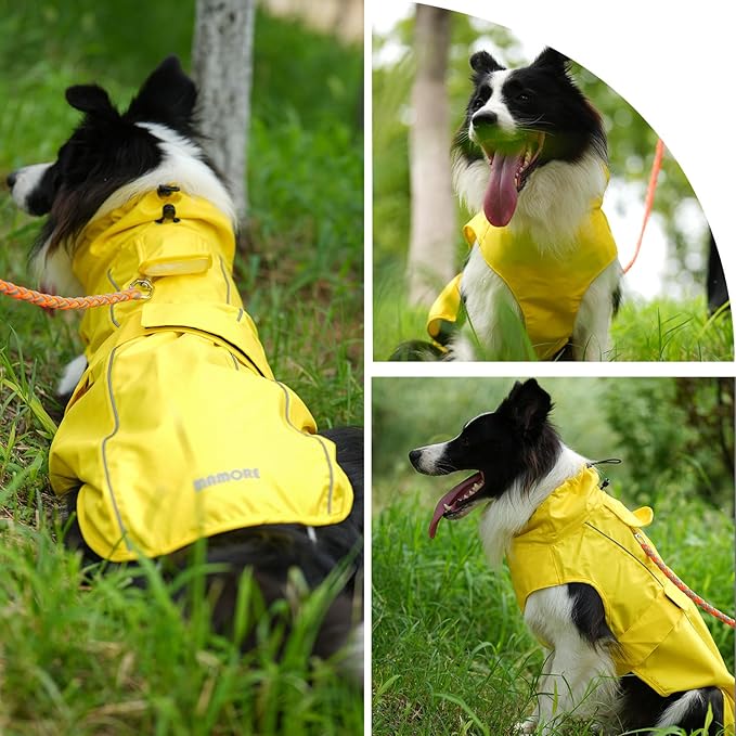 Waterproof Dog Raincoat with Reflective Strip, Adjustable Breathable Rain Coat Jacket with Leash Hole for Dogs (Yellow, X-Large)