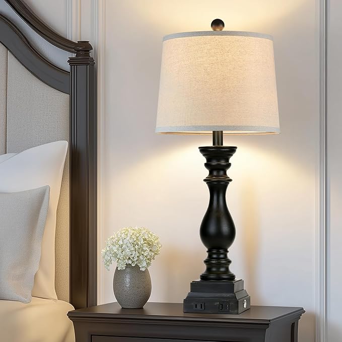 28" Farmhouse Table Lamps Set of 2 with USB C+A Ports and AC Outlet, 3 Way Touch Tall Vintage Bedside Lamp for Living Room, Black Rustic Nightstand Lamp for Bedroom Office