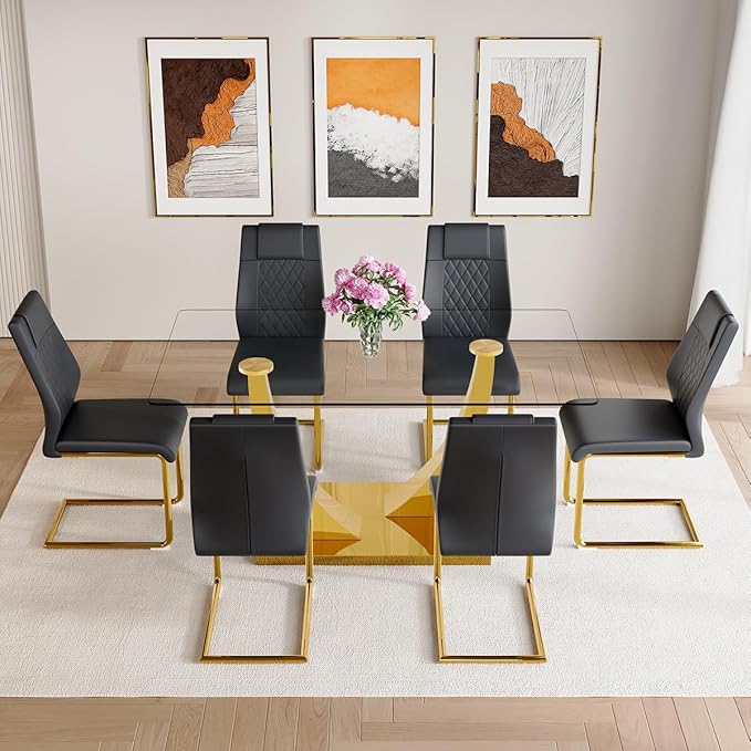 AZmac 63" Glass Dining Table Set for 6,Luxury Gold Dining Room Set with Stainless Steel Pedestal, Rectangular Tempered Glass Kitchen Table with PU Leather Chairs, for Kitchen Apartment