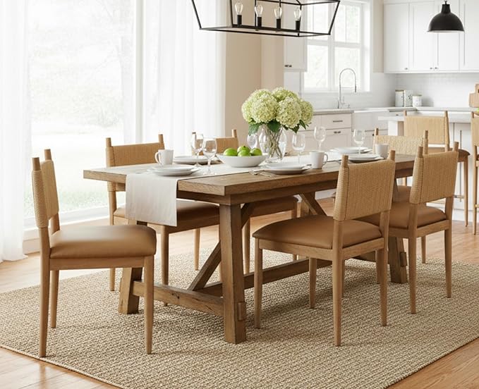 CIMOTA Faux Leather Modern Dining Chairs Set of 6, Mid Century Upholstered Dining Room Chairs with Woven Back, Armless Kitchen Chairs with Natural Solid Wood Legs, PU Brown