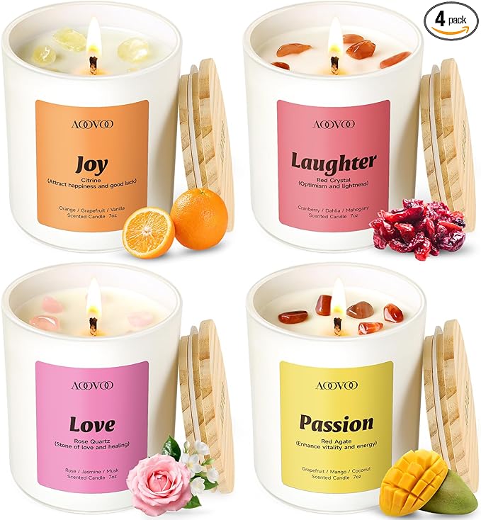 AOOVOO Energy Candles Set for Women - 4 Pack Candles for Home Scented, 28 oz 200 Hour Burn, Aromatherapy Candle with Crystals, Laughter Red Quartz/Love Rose Quartz/Joy Citrine/Passion Red Agate