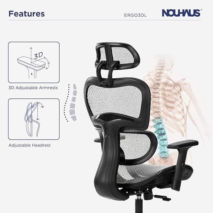 Nouhaus Ergo3dL Home Office Desk Computer Chairs Ergonomic Office Chair High-Back Mesh Rolling Work Chairs with Wheels and Adjustable Headrests Comfortable Lumbar Support Adjustable Armrests,Gray