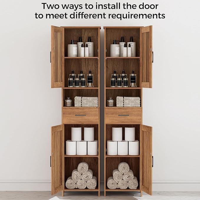Homhedy 67" H Tall Bathroom Storage Cabinet with 2 Barn Doors and 1 Drawer, Narrow Storage Unit, Adjustable Shelves, Floor Cabinet for Bathroom, Living Room, Entryway, Kitchen, Rustic Walnut, (15.7"W)