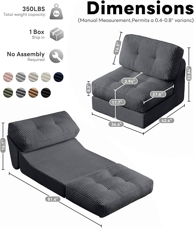 Tbfit 35.8‘’ Oversized Folding Sofa Bed, Convertible Sleeper Chair with Adjustable Back, Corduroy Folding Couch Bed, Portable & Foldable Boneless Floor Sofa for Living Room, Bedroom, Dark Grey