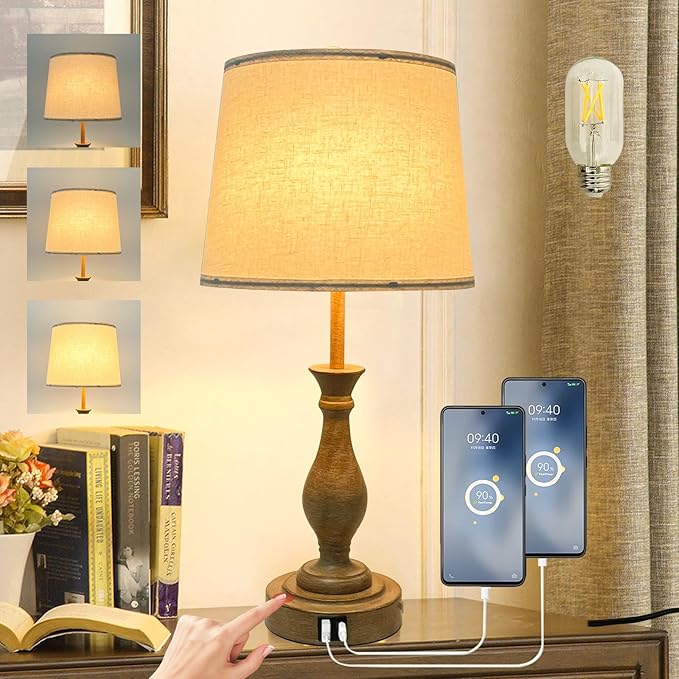 Farmhouse Table Lamp Touch Control 3-Way Dimmable Table Lamp, Modern Nightstand Lamp with 2 USB Port Bedside Desk Lamp with Fabric Shade for Living Room (Pack 1-Beige Shade & Touch)